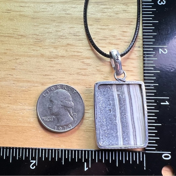 New Zebra Calcite Stone Silver Overlay Pendant Necklace with Cord - Picture 5 of 6